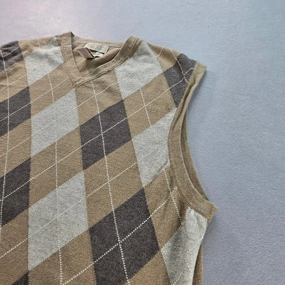 Banana Republic Mens XL Argyle Sweater Vest Tan Cotton Cashmere V-Neck Knit